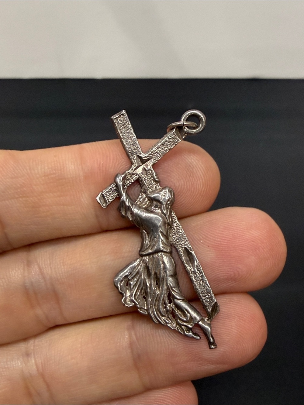 Sterling Silver Religious Cross Pendant with Draped Figure